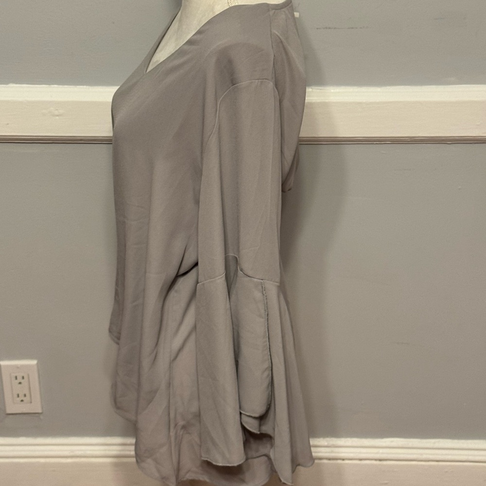Abollria Gray Asymmetrical Flare Bell Long Sleeve Feminine V Neck Blouse - Picture 3 of 7